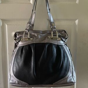 B Makowsky leather metallic silver and black satchel with silver tone hardwares